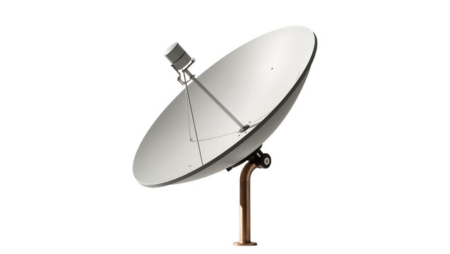 Modern grey satellite dish with bronze stand, isolated PNG on transparent background, for global communication and broadcasting technology