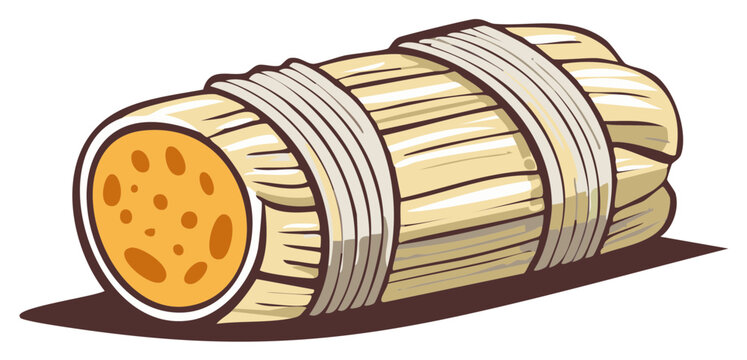 Illustrated tamale food item with husk and string detail. Traditional corn-based food concept.