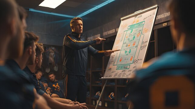 Soccer coach explaining tactics on a white board in a locker room to the team. AI generated image