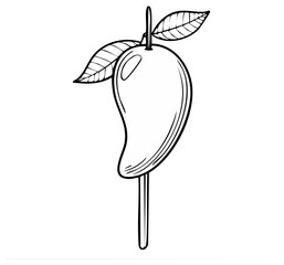 Obraz premium Hand-drawn line art illustration of a fresh mango on a stick with green leaves