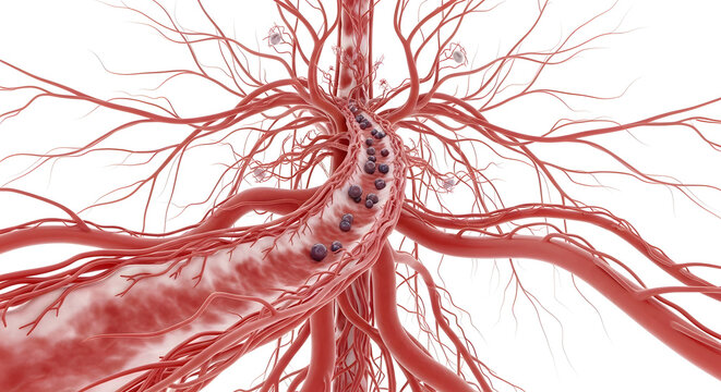A detailed illustration of a blood vessel with visible aneurysms