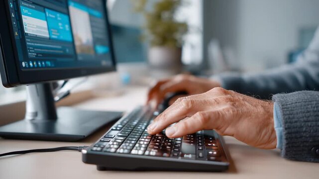 Close up of hands typing on keyboard with computer screen showing braille interface for accessibility and assistive technology use