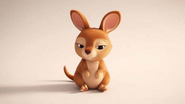 Adorable animated kangaroo character sitting peacefully cartoon style on plain background with soft lighting and playful expression perfect for kids content
