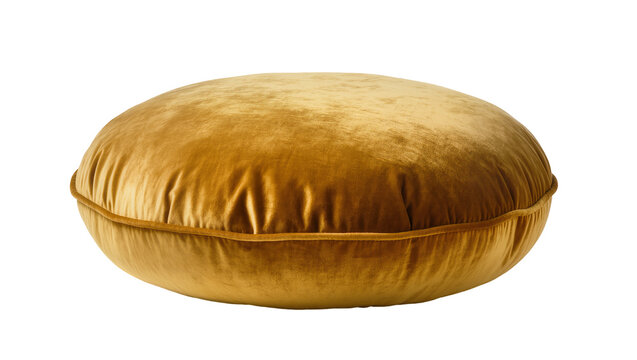 Luxurious round golden yellow velvet cushion pillow with elegant piping, isolated soft home decor accessory on transparent background PNG