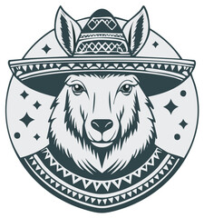 Fototapeta premium Llama Wearing a Sombrero and Traditional Mexican Pattern Emblem for Celebration
