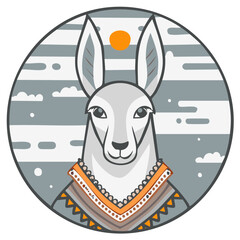 Fototapeta premium Stylized Llama Portrait with Geometric Patterned Shawl and Sun in a Circle