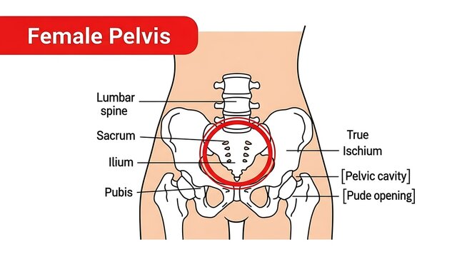 Anatomical illustration of a female pelvis with labeled parts