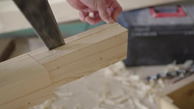 Rhythmic sawing of a wooden beam with a hand saw, scraping sound and wood shavings
