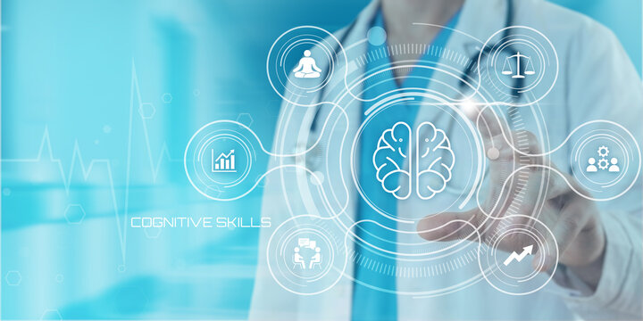 Doctor interacting with a futuristic holographic interface displaying cognitive skills icons representing brain function and mental wellbeing