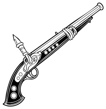 Antique Flintlock Pistol Illustration with Ornate Details, Black and White Line Art