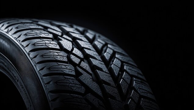 Close-up of a tire with intricate tread pattern against a dark, shadowed background