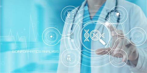 Doctor interacting with futuristic holographic interface displaying bioinformatics analysis with...