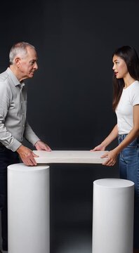 Two people, an older man and a younger woman, are seen in a studio setting, each standing behind a white cylindrical pedestal.