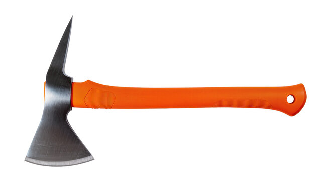 Modern fire axe with sharp steel blade and pointed spike, featuring a vibrant orange ergonomic handle, isolated PNG on transparent background for safety equipment and emergency tools