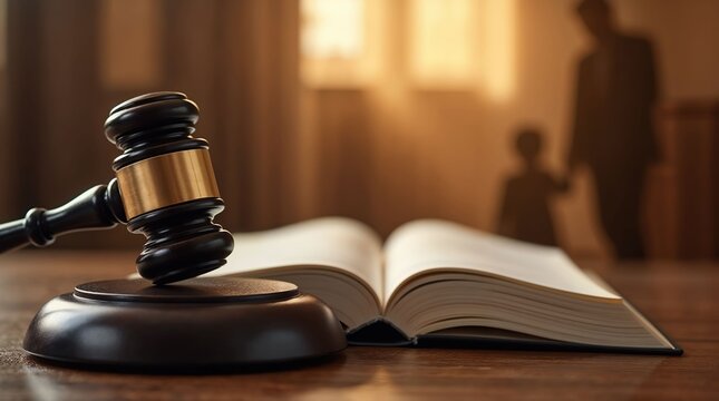 Judge gavel with parent child silhouettes symbolizing custody law decisions