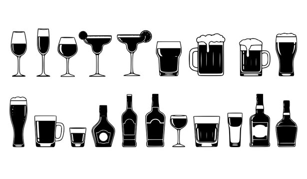 Bar drink silhouette icon set with cocktail glasses wine beer and liquor bottles vector