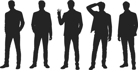 Business suit silhouettes, formal attire icons, professional posture illustration, nonverbal gesture design, corporate figure graphic, office body language set © MDSABBIR