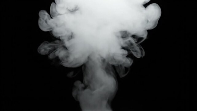 Cinematic slow motion white smoke puff rising from the bottom center of a pure black background compact dense vapor cloud gently expanding as it floats upward organic swirling smoke motion forming sof