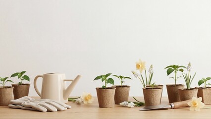 Fototapeta premium Small pots with green seedlings, daffodils and hyacinths. Watering can, gardening gloves and trowel arranged on wooden table. Spring planting and home gardening concept