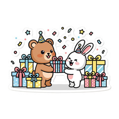 Fototapeta premium Cute bear and rabbit celebrate with wrapped gifts and party hats creating a joyful scene filled with confetti expressing happiness and friendship during a special occasion together fun surprise