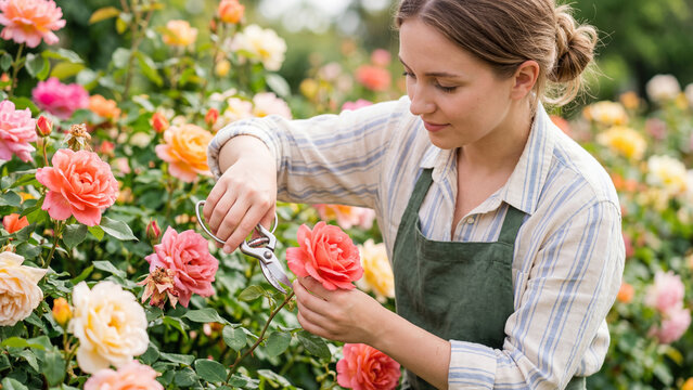 Woman pruning pink roses in vibrant garden. Gardener using shears on blooming flowers. Horticulture and nature care concept for spring season