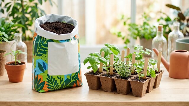 Bag of potting soil next to small herb seedlings in pots on wooden table. Indoor home gardening setup for starting fresh plants. Spring planting and growth concept in sunny environment