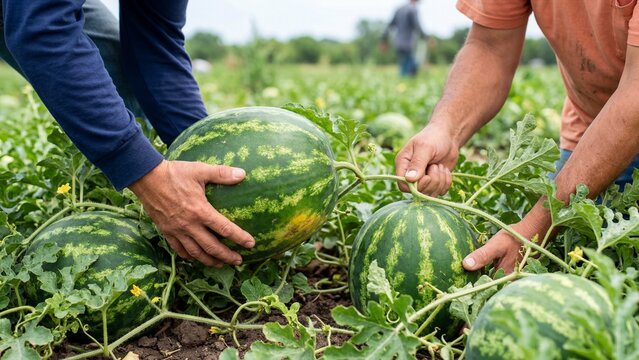 Men harvesting ripe watermelons in sunny farm field. Farmers picking fresh produce from vines. Summer agriculture and crop cultivation concept