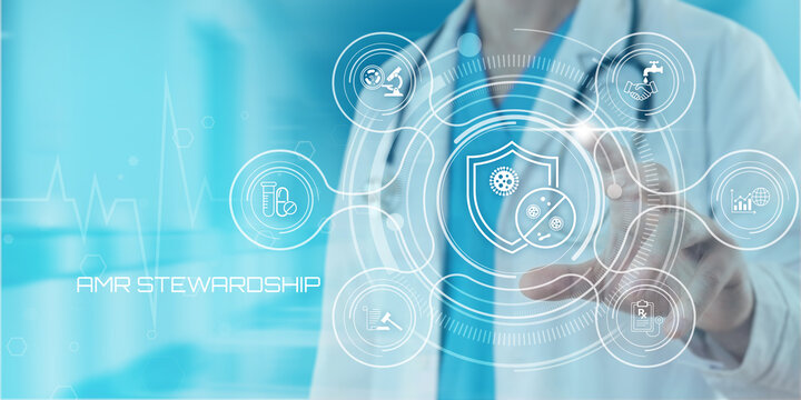 Medical professional using futuristic interface for antimicrobial resistance stewardship to combat superbugs and improve healthcare outcomes