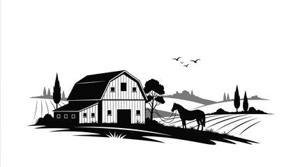 A striking black and white illustration depicts a rural landscape featuring a classic barn rolling hills and a horse © VoDesign02