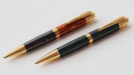 Fototapeta premium Elegant ballpoint pens gold accents on black and brown with copy space