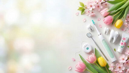Obraz premium Dental hygiene essentials arranged with pink tulips and green leaves on white surface. Electric toothbrush toothpaste floss and mirror for oral care. Spring fresh concept of healthy teeth and