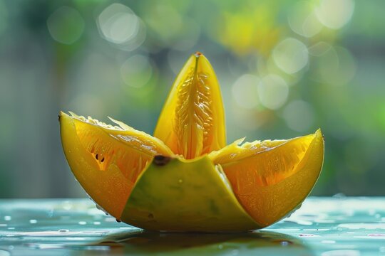 Close up of a pouteria campechiana fruit cut into sections, revealing its seeds, resting on a wet surface