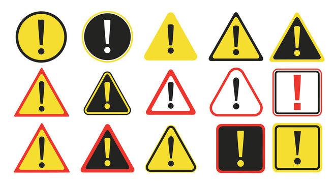 A collection of vibrant warning signs featuring black exclamation points within yellow red and black shapes high quality professional