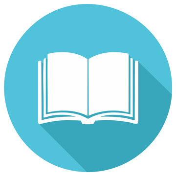 Open book icon in a blue circle with a long shadow. Simple educational illustration.