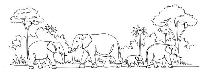 Elephant family herd in savanna one line drawing, wildlife nature landscape with trees minimalist continuous line art, safari animals illustration © ----WWWLINE----