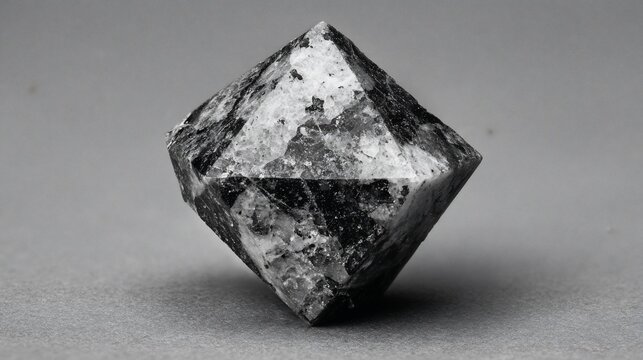 Octahedral mineral, crystalline structure, mottled texture, grayscale photograph