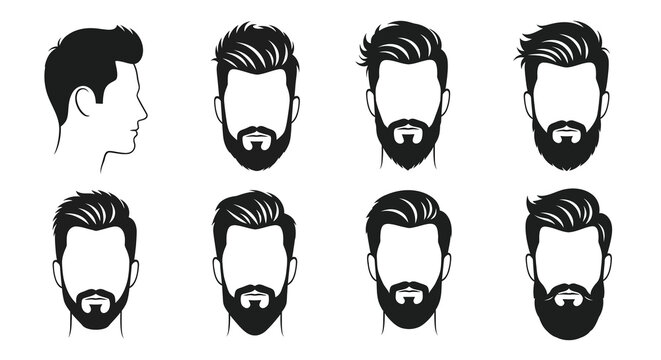 A collection of eight black and white vector illustrations depicting various modern male hairstyles and beard styles high quality