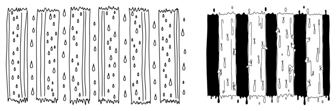 Abstract liquid texture with droplets and stripes set, minimalist one line and solid black paint drip pattern, creative artistic background elements