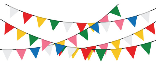 Obraz premium Carnival Flag Garlands Colorful Pennant Banner Festive Decoration Party Birthday Fair Hanging Flags Celebration Event Background Vector Illustration
