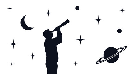 A silhouetted figure gazes through a telescope at celestial bodies including planets stars and a crescent moon high quality © VoDesign02