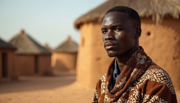 Young Black man in traditional Malian mud cloth robe looks intently. He stands before clay huts in a desert village. His attire features intricate patterns in warm earthy tones.