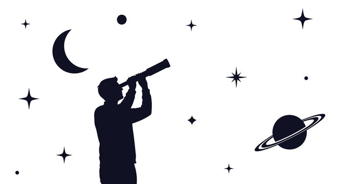 A silhouetted figure gazes through a telescope at celestial bodies including a crescent moon and ringed planet high quality