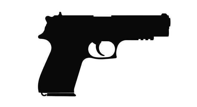 A stark silhouette depicts a black handgun showcasing its form and trigger guard against a white background high quality