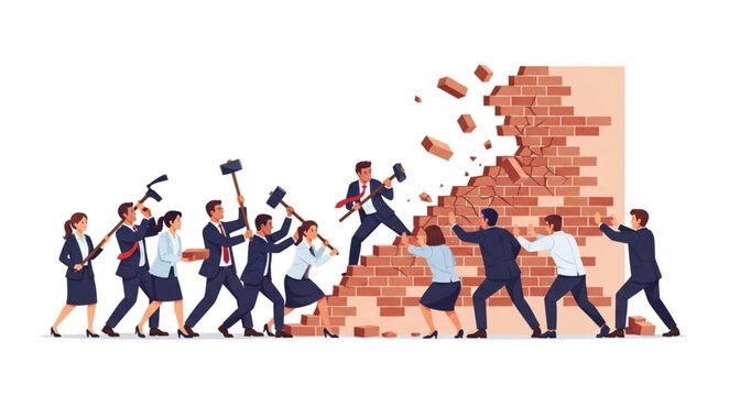 Business People Demolishing Brick Wall.