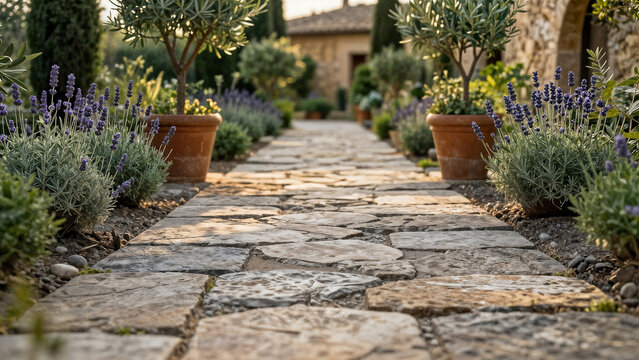 All&eacute;e en pierres naturelles rustiques dans le jardin devant la maison proven&ccedil;ale, am&eacute;nagement paysager et design ext&eacute;rieur