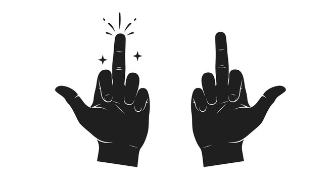 A stark black and white illustration depicts two hands displaying the middle finger gesture adorned with sparkling stars