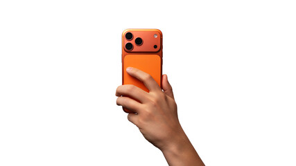 Fototapeta premium The hand holding a modern orange smartphone with a triple camera, rear view. Isolated on transparent background. Mobile technology and communication concept. PNG File