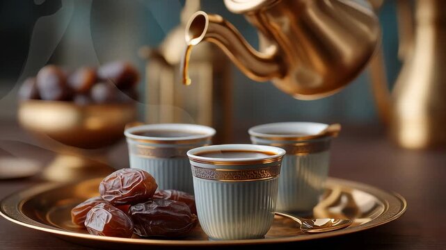 Traditional Arabic coffee served in elegant cups with dates and golden pot representing Middle Eastern hospitality and culture