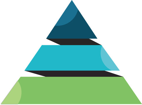 three-tiered pyramid illustration with dark blue cyan and green layers symbolizing hierarchy structure levels and strategic organization for business or education concepts isolated background.
