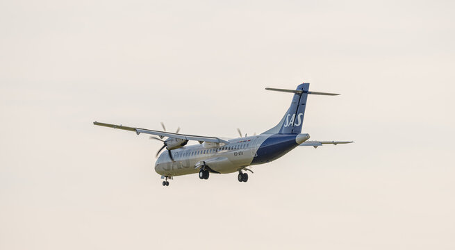 Landvetter, Sweden - May 28 2023: Turboprop passenger airplane approaching airport for landing.